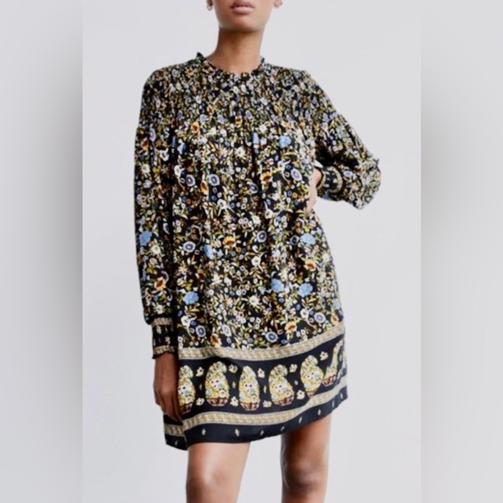 Zara smocked long-sleeve floral print swing dress in black small